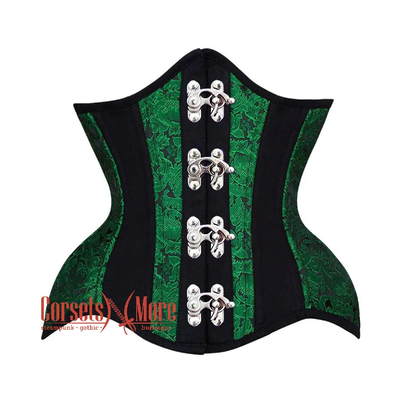 Corset top with floral overlay-Green Black Brocade Black Cotton Stripe Front Clasps Steampunk Underbust Corset