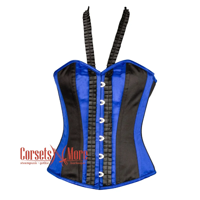 Corset dress with bow overlay-Blue And Black Satin Gothic Overbust Bustier Corset