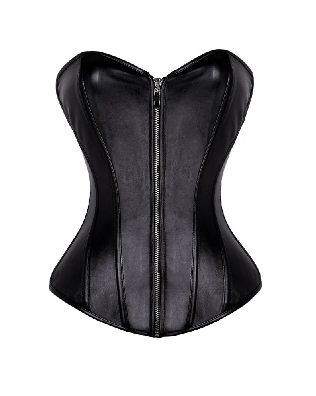 Corset dress with lace edging-Black Leather Zipper Overbust Corset Waist Training Steampunk Costume