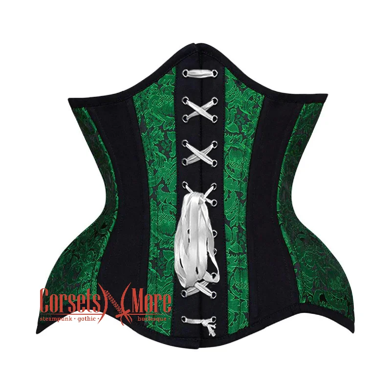 Corset dress for summer grace-Green Black Brocade Black Cotton Stripe Front White Lace Steampunk Underbust Corset