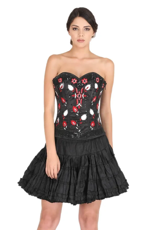 Corset dress with flared overlay-Black Satin Sequins Handwork Gothic Corset Burlesque Waist Cincher Bustier Overbust