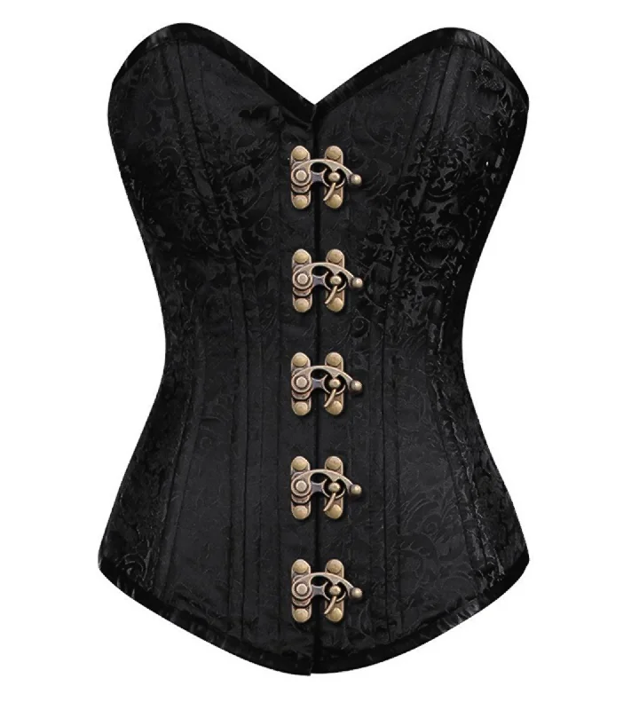 Corset with sheer edging-Black Brocade Spiral Steel Boned Plus Size Overbust Corset Burlesque Costume Antique Seal Lock Waist Training LONGLINE Bustier Top