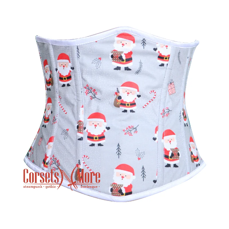 Corset in light taupe-Santa Claus Printed Gray Cotton Underbust Corset Waist Training Christmas Costume