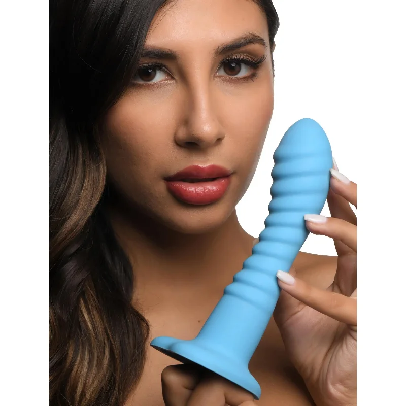 slanted-dildo-Ribbed Silicone Blue Dildo