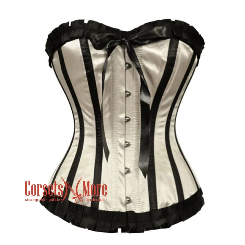 Corset with lace piping-Ivory And Black Satin With Centre Bow Gothic Overbust Corset