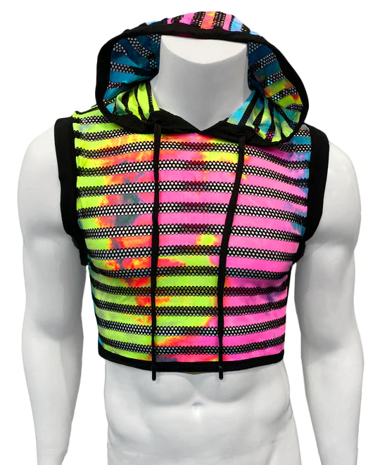 Silicone toys with flares-Hooded Crop Top Rainbow Tie Dyed Mesh - Black