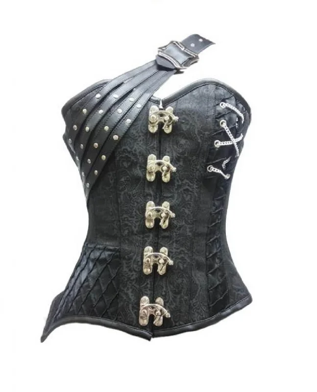 Corset in deep green-Brocade Leather Straps Gothic Steampunk Corset Waist Training Overbust