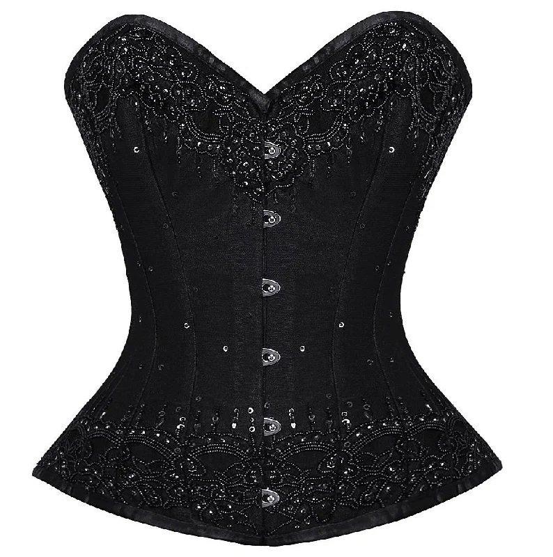 Corset with velvet piping-Black Handmade Sequins Gothic Burlesque Bustier Waist Training Overbust Corset Costume