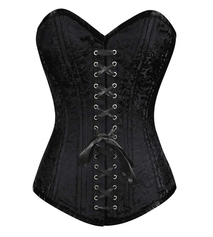 Corset dress in crimson red-Black Brocade Spiral Steel Boned LONGLINE Corset Waist Training Front Black Lace Gothic Burlesque Costume Overbust Bustier Top