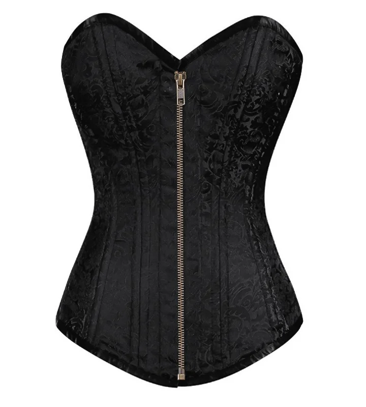 Corset in soft teal-Black Brocade Spiral Steel Boned Gothic Plus Size Corset Burlesque Costume Zipper Waist Training LONGLINE Overbust Bustier Top