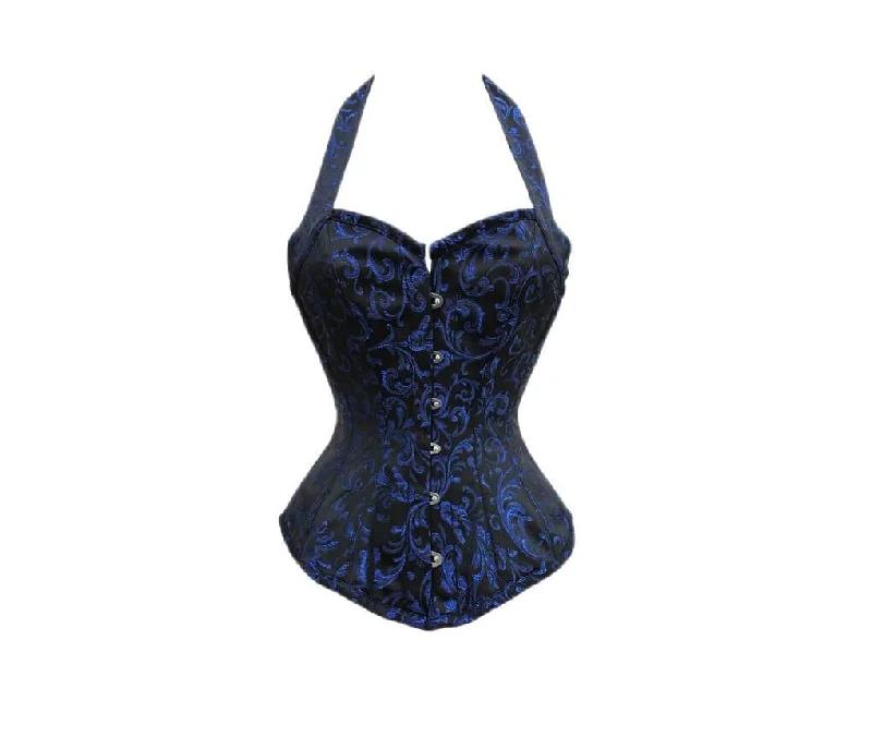 Corset with satin straps-Blue Black Brocade Halter Neck Gothic Burlesque Corset Overbust