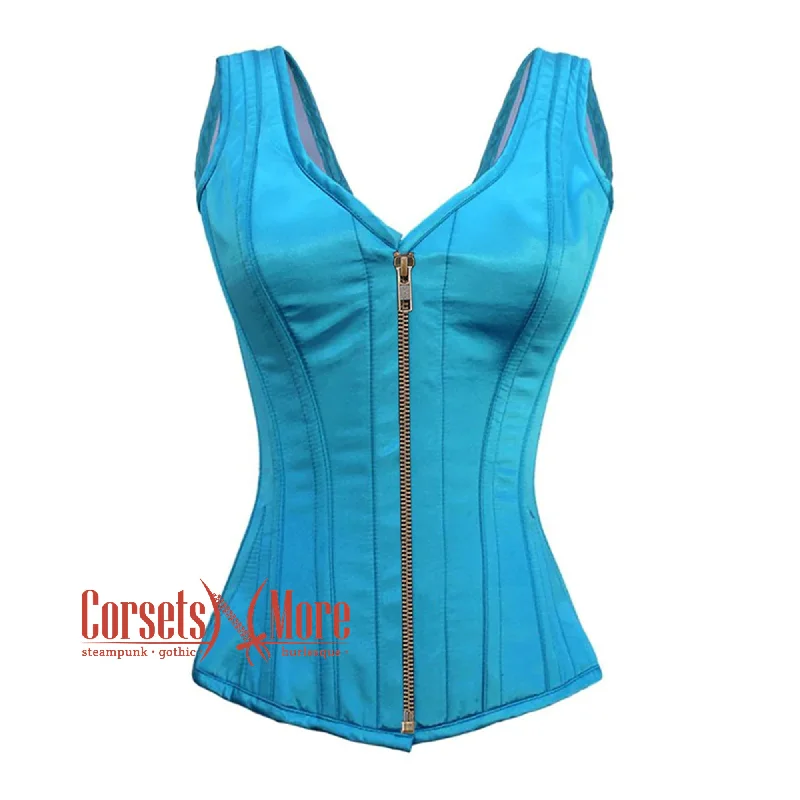 Corset with velvet edging-Baby Blue Satin With Antique Zipper Gothic Overbust Burlesque Corset Waist Training Top