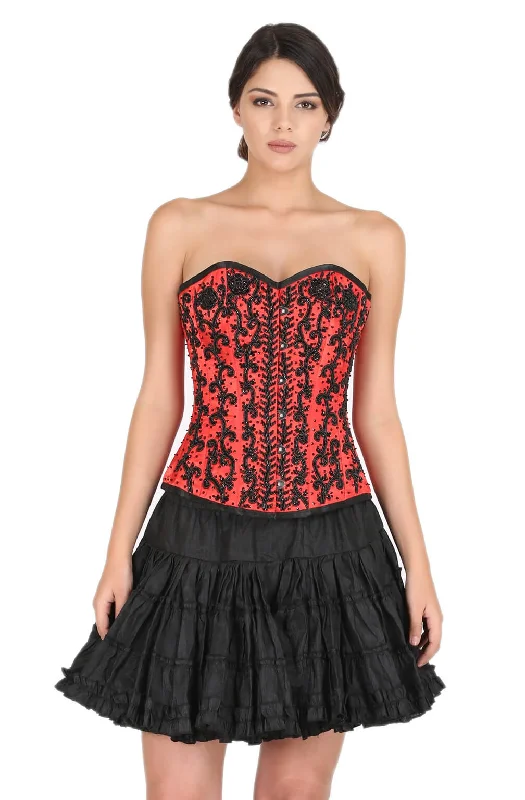 Corset top with ruffled trim-Red Satin Black Handmade Sequins Corset Gothic Burlesque Waist Cincher Bustier Overbust Top