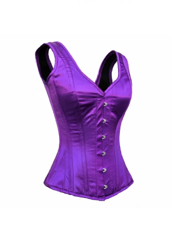 Corset with embroidered hem-Purple Satin Shoulder Strap Overbust Plus Size Corset Bustier Waist Trainer Goth Burlesque Costume