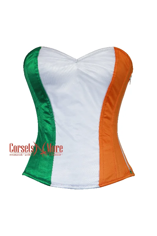 Corset with floral overlay-Green White Orange Satin Ireland Flag Corset Overbust Costume