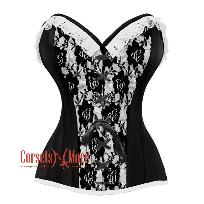 Corset dress with bow skirt-Black And White Satin With Front Ribbon Overbust Corset