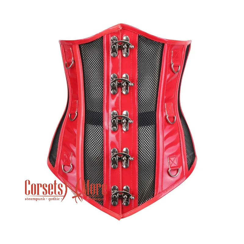 Corset with velvet edging-Red PVC Black Net Steampunk Heavy Duty Underbust Waist Training Sexy Corset