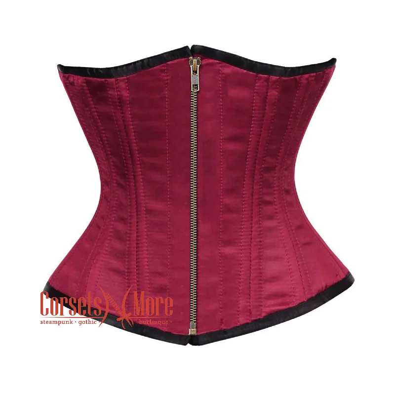 Corset top with ruched straps-Maroon Satin Double Bone Front Antique Zipper Gothic Waist Training Underbust Corset Bustier Top