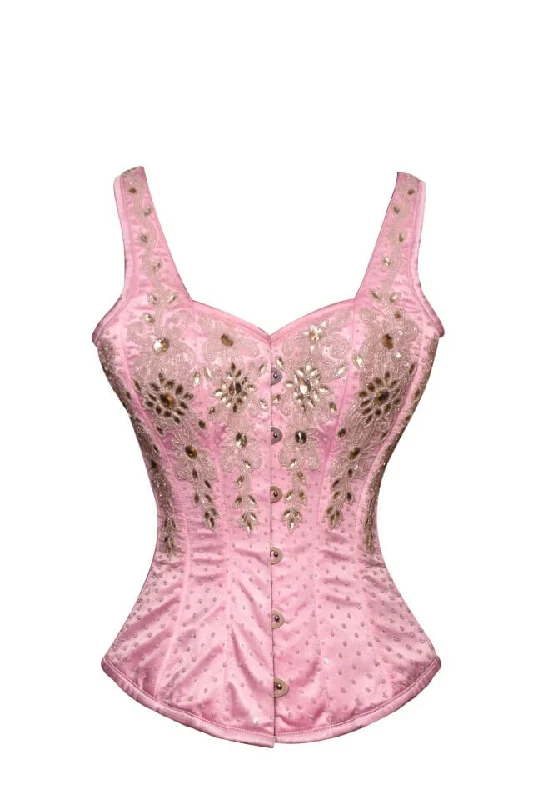 Corset for subtle lines-Pink Satin Silver Sequins Shoulder Straps Gothic Corset Waist Training Overbust