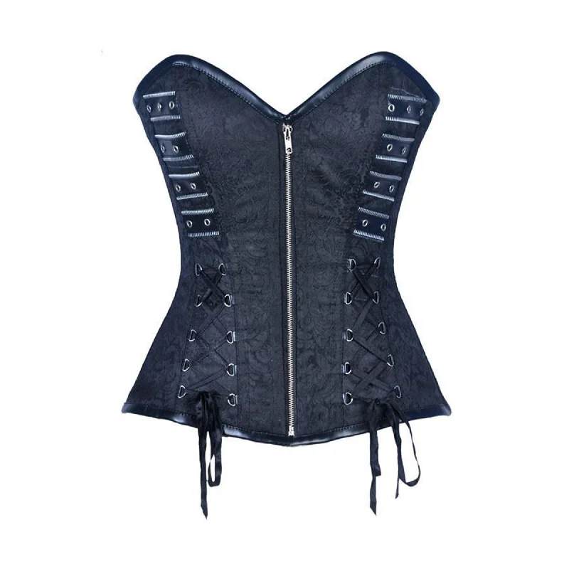 Corset in muted violet-Black Brocade Black Faux Leather Antique Zipper Overbust Corset