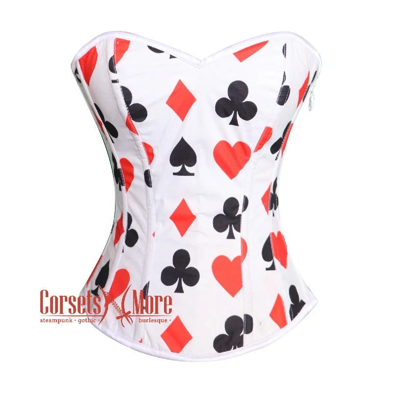 Corset dress with ruffled hem-Diamond Heart Clubs Spades Print Cotton Valentine Overbust Costume Bustier Corset Top