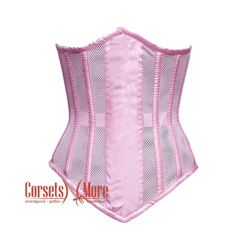 Corset top with sheer straps-Pink Satin Mesh With Front Close Long Underbust Corset