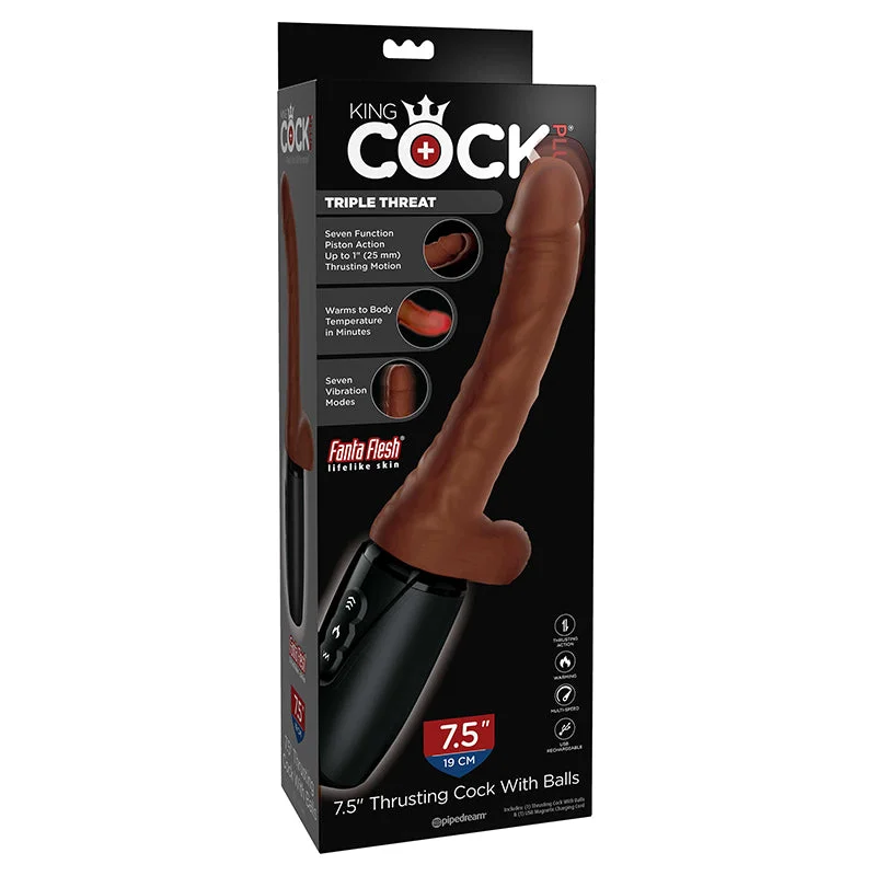 Vibrator cushy touch-Pipedream King Cock Plus 7.5 in. Thrusting Cock With Balls Rechargeable Realistic Vibrator Brown