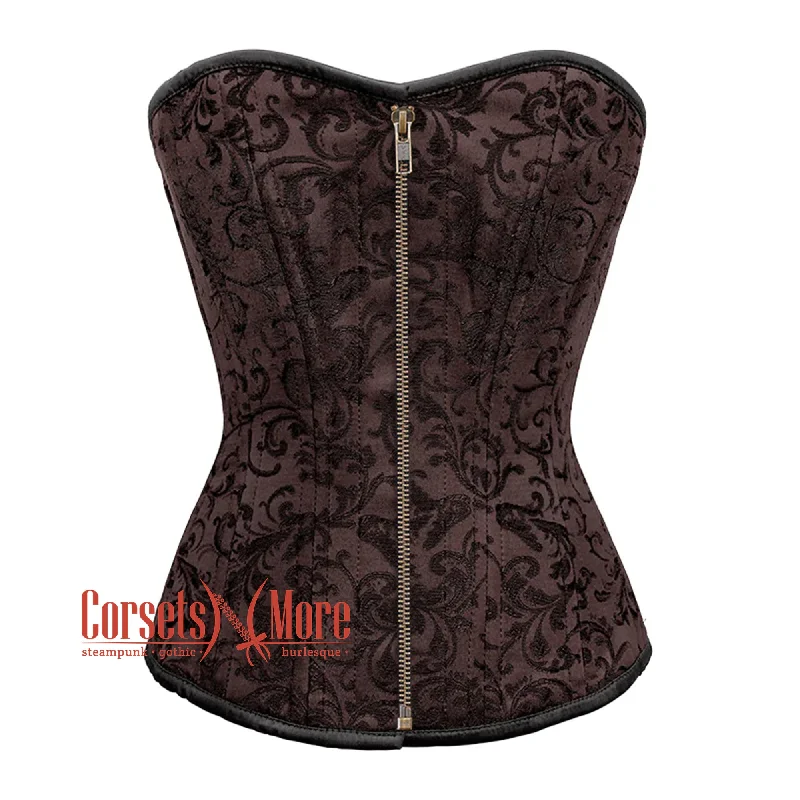 Corset for chic fit-Brown Brocade Steel Boned Front Antique Zipper Overbust Corset