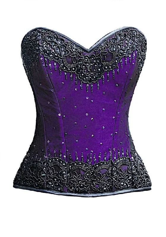 Corset top in soft taupe-Purple Satin Black Handmade Sequins Burlesque Corset Mardi Gras Overbust Gothic