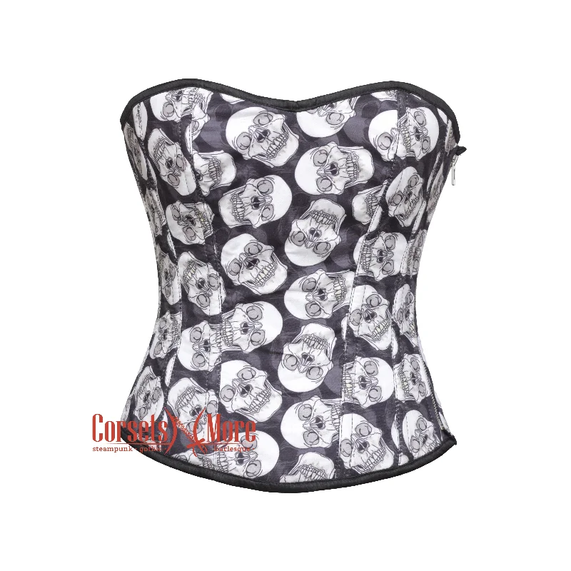 Corset with velvet edging-Plus Size Skull Printed Corset Cotton Gothic Costume Overbust Bustier Top