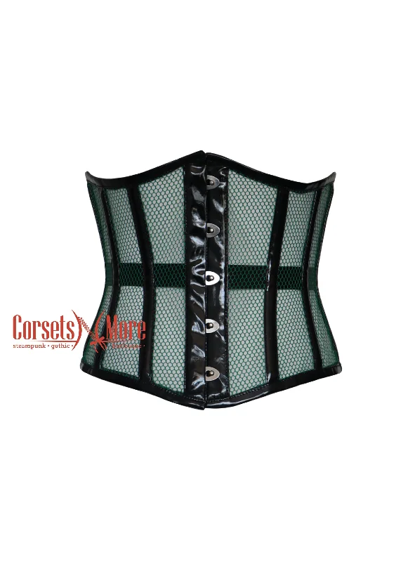 Corset in deep silver-Veronica Nightshade Green Mesh Black PVC Leather Plus Size Corset Top