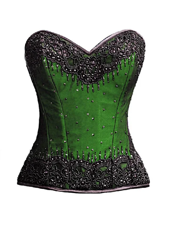 Corset with satin trim-Green Satin Corset Black Handmade Sequins Gothic Waist Training Overbust Costume