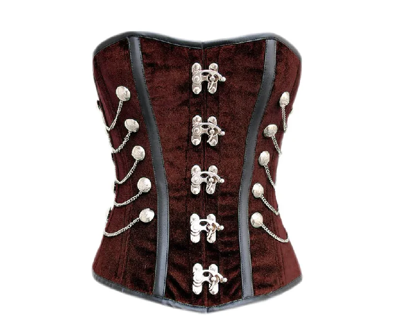 Corset with floral mesh-Brown Velvet Black Faux Leather Corset Strips Gothic Waist Training Overbust Costume