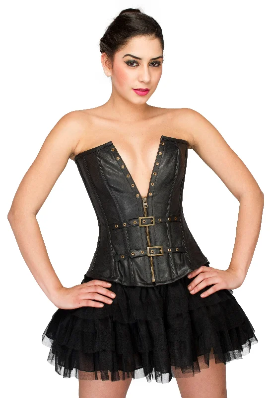 Corset top with floral trim-Black Faux Leather Corset Top with Tutu Skirt Dress