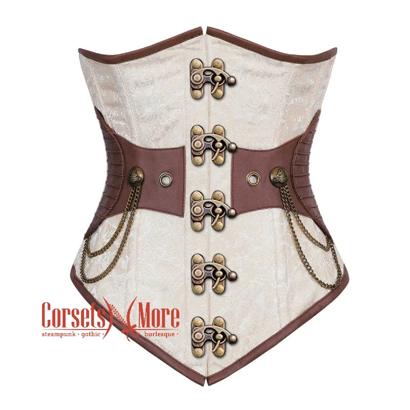 Corset dress with flared hem-Plus Size Ivory And White Brocade Brown Leather Antique Clasps Steampunk Underbust Corset