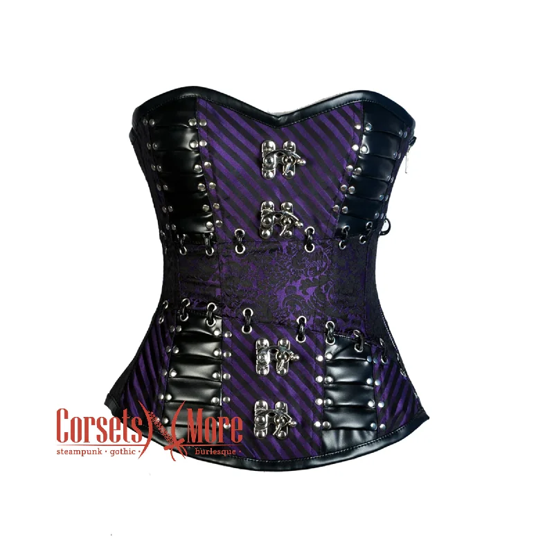 Corset top with ruched straps-Purple And Black Brocade Leather Steampunk  Waist Training Overbust Corset Bustier Top