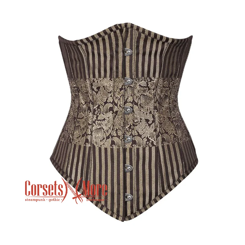 Corset for chic fit-Brown and Golden Brocade With Front Silver Busk Gothic Long Underbust  Corset