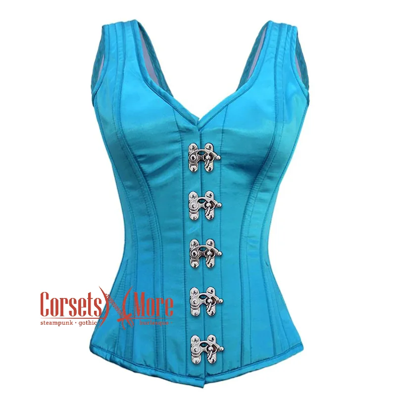 Corset for chic glamour-Baby Blue Satin With Front Silver Clasps Gothic Overbust Burlesque Corset Waist Training Top