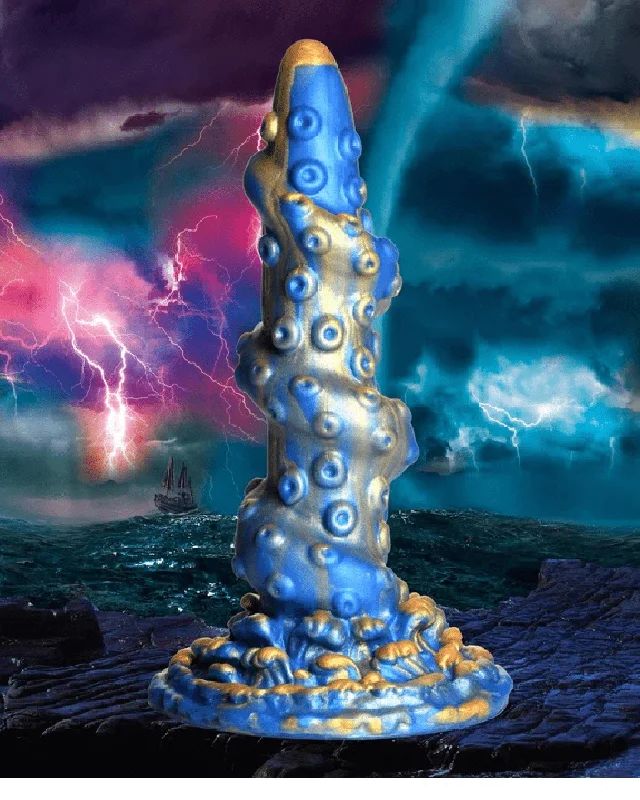 wave-pulse-dildo-Lord Kraken Blue and Gold 8.5 Inch Silicone Dildo