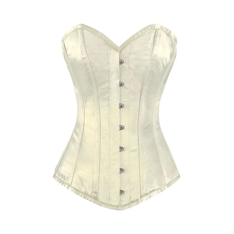 Corset in pale blush-Ivory Satin Long Burlesque Front Busk Overbust Corset