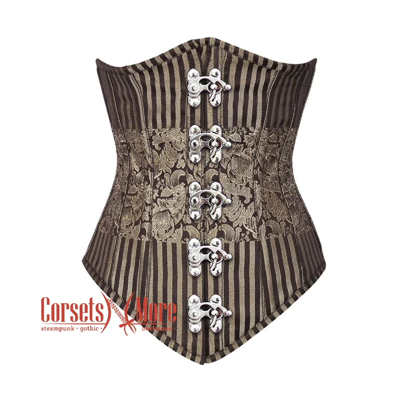 Corset with lace edging-Brown and Golden Brocade With Front Silver Clasps Gothic Long Underbust Corset