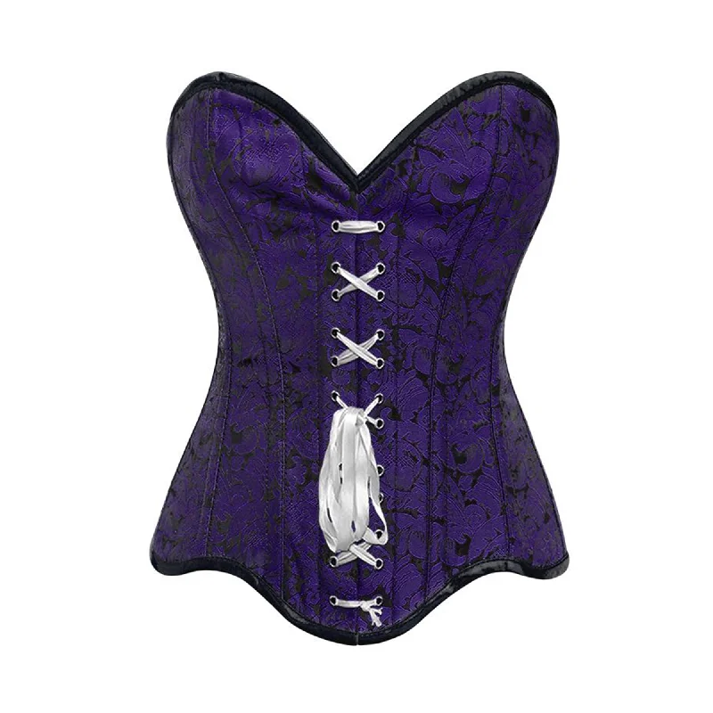 Corset for elegant lines-Purple Brocade Gothic With Front White Ribbon Overbust Corset