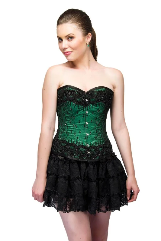 Corset for modern flair-Green Satin Black Sequins Work Women Corset Overbust Top