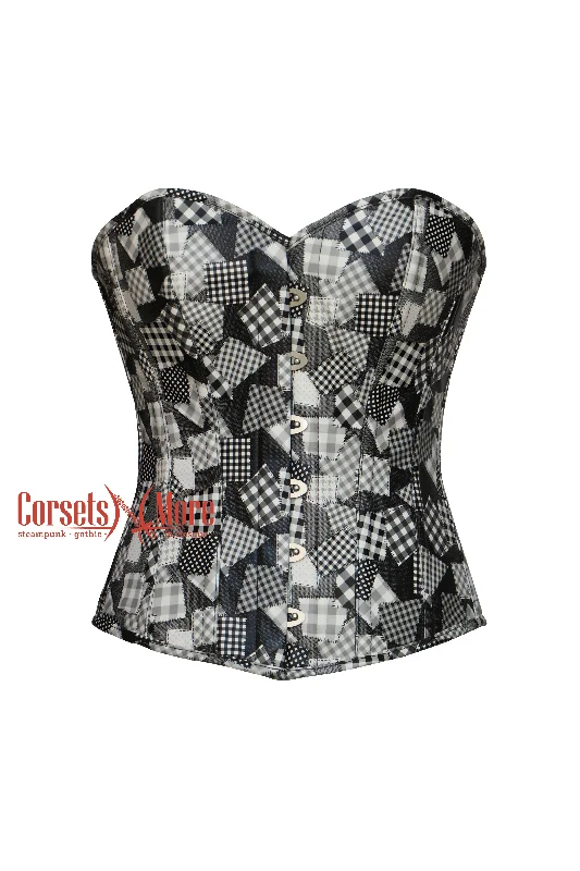 Corset with satin overlay-Plus Size Black And White Printed Leather Retro Theme Gothic Costume  Overbust Corset