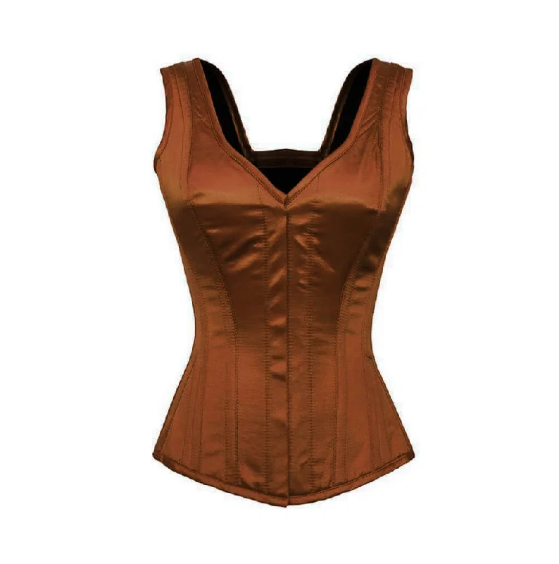 Corset with velvet hem-Brown Satin Shoulder Straps Gothic Burlesque Corset Waist Training Overbust