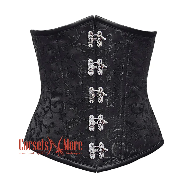 Corset dress for autumn flair-Black Brocade Front Clasps Double Boned Underbust Gothic Corset