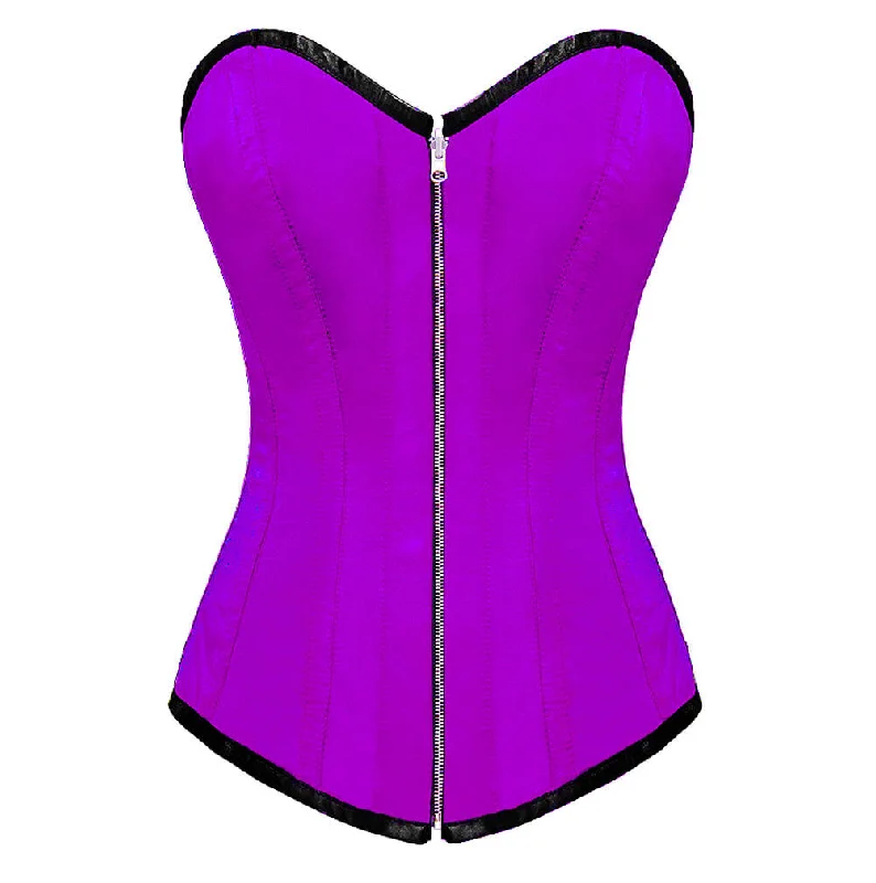 Corset top with sheer edging-Purple Satin Gothic Burlesque Corset Waist Training LONGLINE Overbust