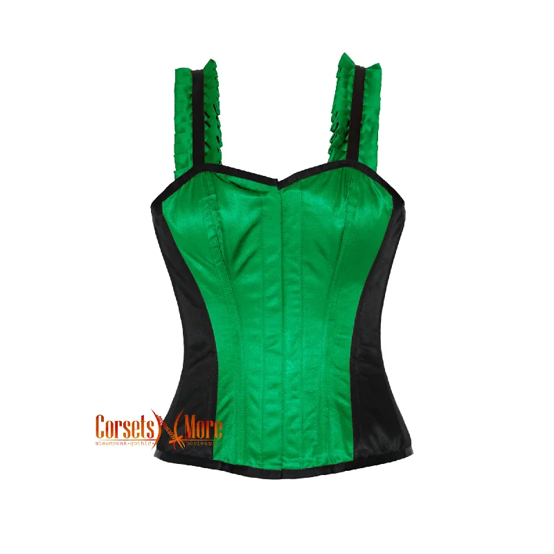 Corset dress with lace trim-Green And Black Satin Corset With Shoulder Strap Overbust Front Close Top