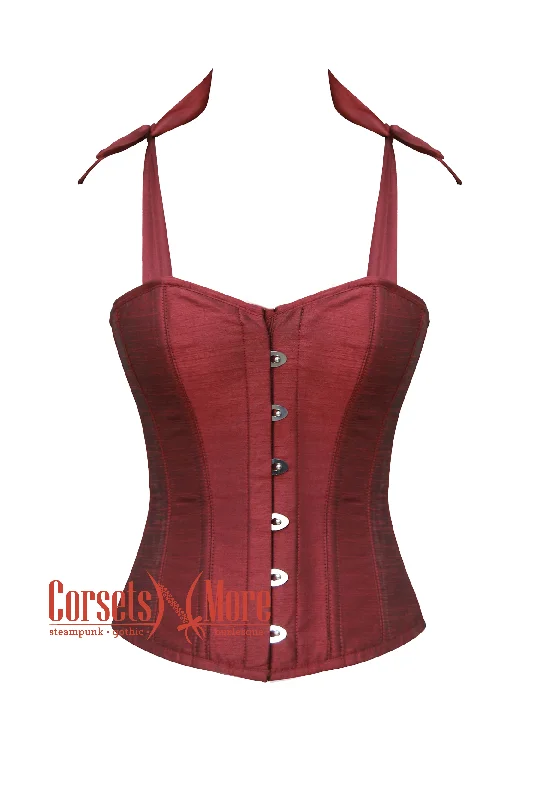 Corset with sheer panels-Maroon Silk Corset Overbust Bustier with Shoulder Straps