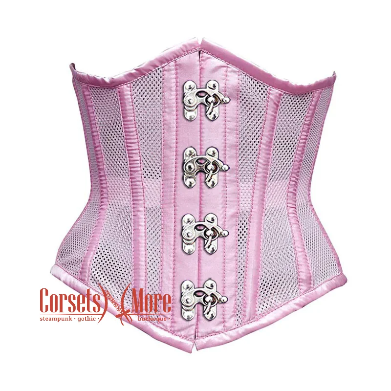 Corset with floral straps-Plus size Baby Pink Mesh Satin Stripes Burlesque Gothic Front Clasps Waist Training Underbust Corset